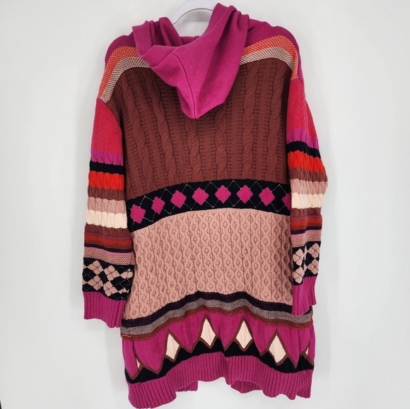 Fate Fair Isle Argyle Open Front Hooded Cardigan Sweater Large - Picture 4 of 11